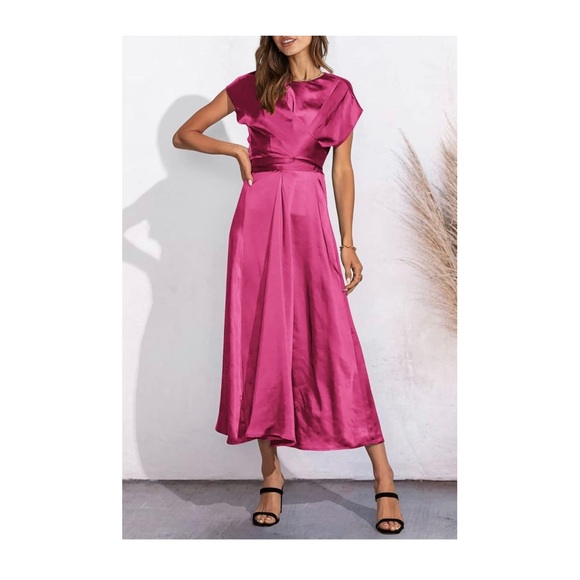 PrettyGarden Women's  Satin Midi Dress Cap Sleeve Tie Waist Elegant A-Line Flowy - Picture 7 of 11